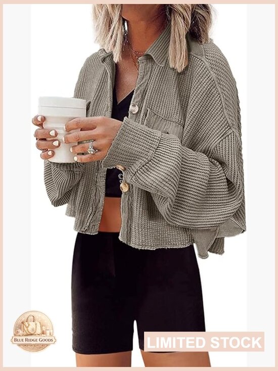 Jackets & Blazers - Cropped Waffle Knit Shacket Short Button Down Jacket Batwing Sleeve Pocket